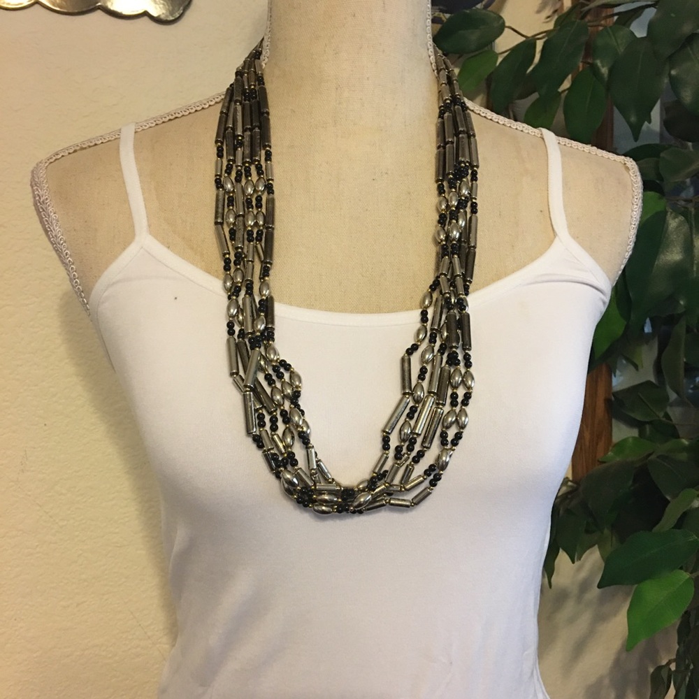 Vintage 70s multi strand gold/black bead necklace